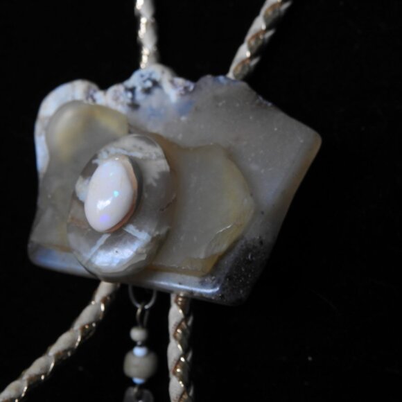 Handmade Artisan Moss Agate & Mexican Opal Bone Silver Bolo Tie - Picture 2 of 7